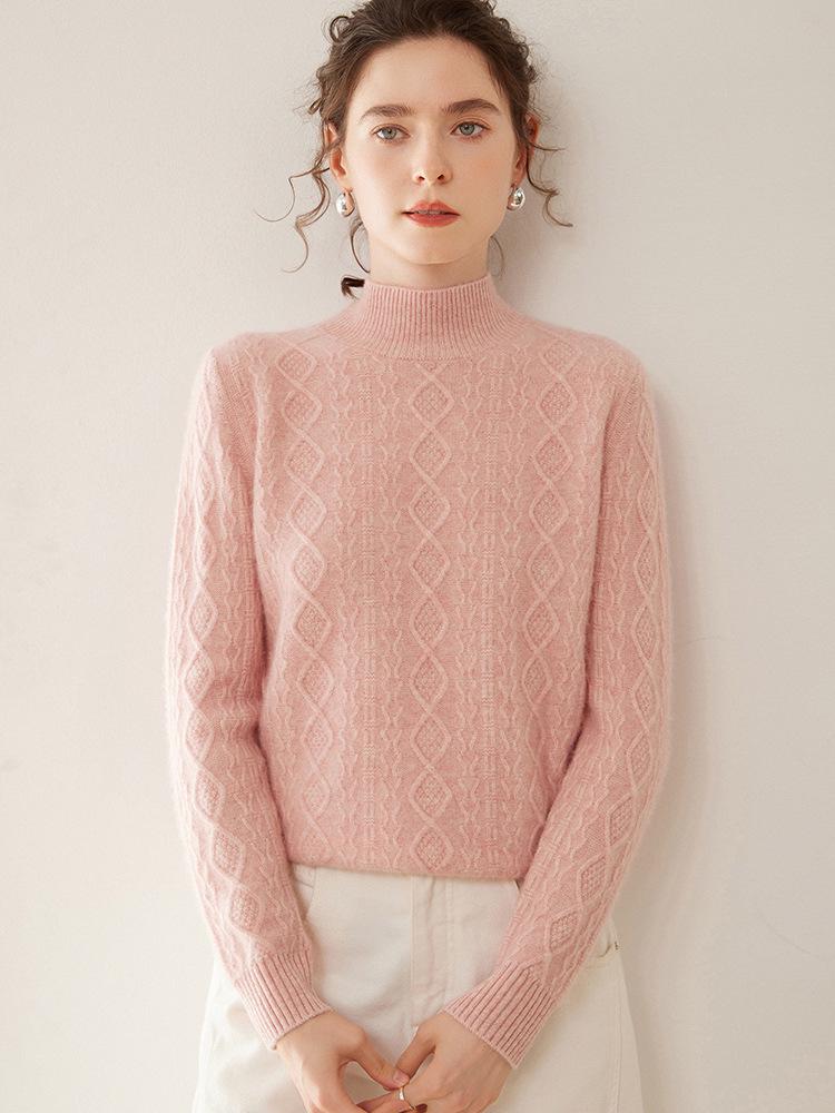 Women's Slim Fit Cashmere Cable Knit Pullover with Half-High Collar