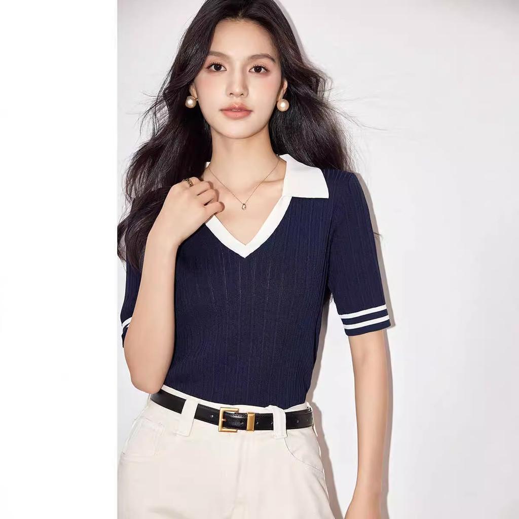 Summer Women's Casual Polo Shirt Ice Silk Knitted Short-sleeved T-shirt for Women