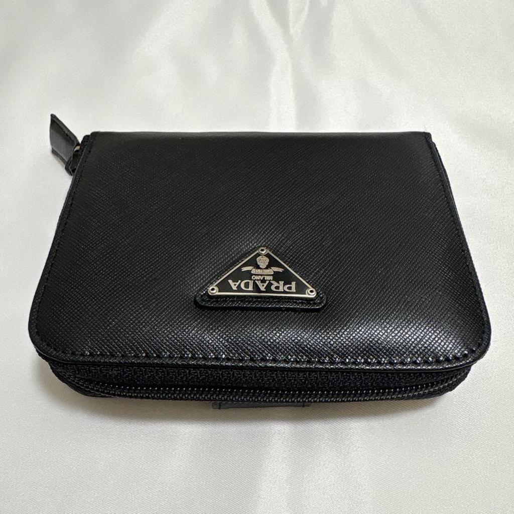 Used PRADA Saffiano Bi-fold Wallet Round Zipper Black Beautiful Condition