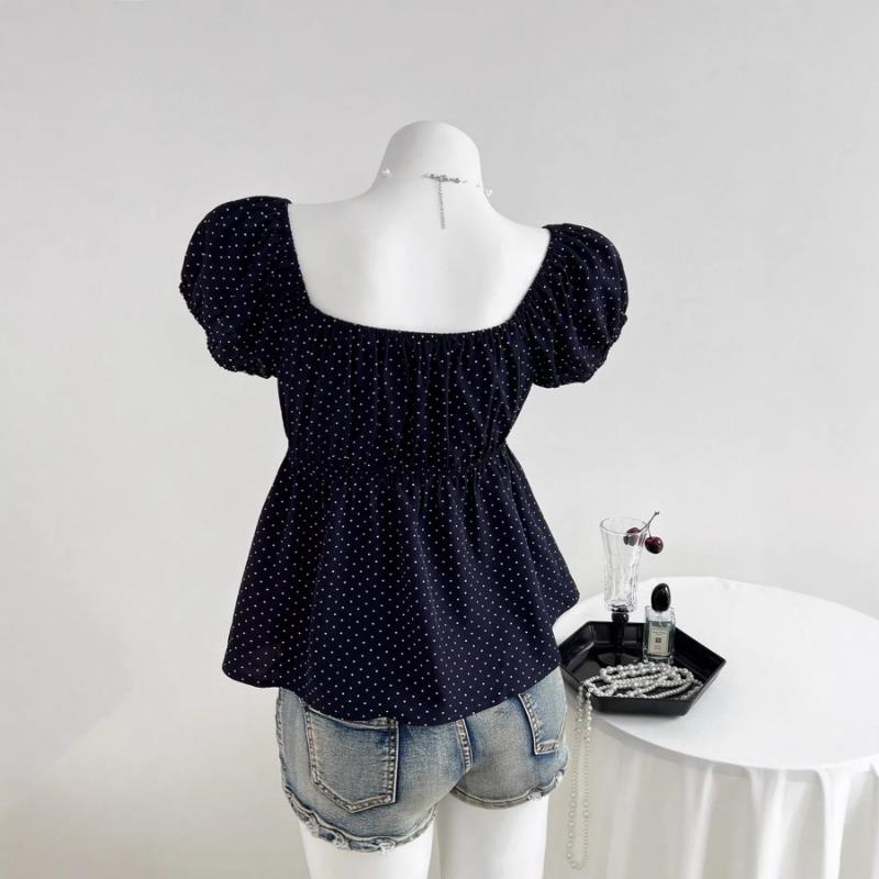 Women Casual Fashion Polka Dot U Neck Waist Cinched Short Sleeve T Shirt