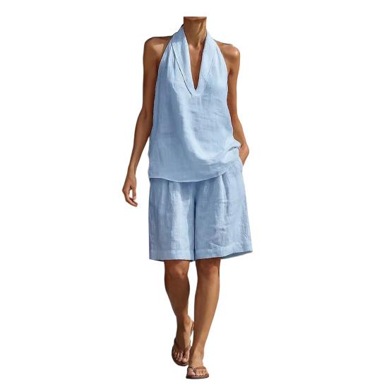 Damen 2-teilige Outfits Ärmelloses Neckholder V-Ausschnitt Tanktop und Shorts Passende Sets Sommer Locker Urlaubs Lounge Sets mit Taschen