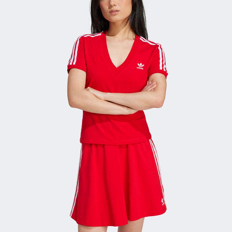 Adidas Originals Three Stripe Color Block V-Neck Slim Fit Short Sleeve T-Shirt Women Tops Red IR8116