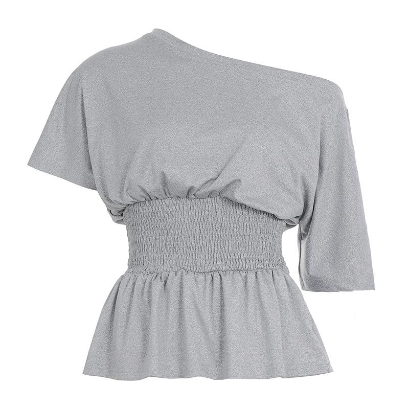 

Women Off Shoulder Ruched T-Shirt – Elastic Waist Stretchy Casual Solid Short Sleeve Top L