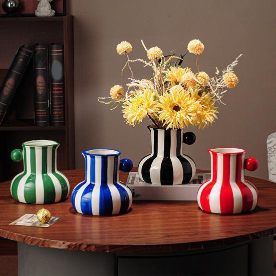 Painted Ceramic Vase Desktop Stripe Art Vase Decorative Flower Vase for Flower Arrangement Living Room Bedroom Decor
