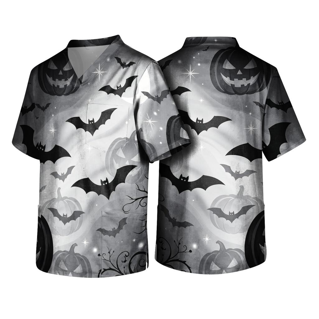 Men's Halloween Print Medical Scrub Top V Neck with Tie Pockets Comfortable Fit Daily Workwear for Healthcare Professionals