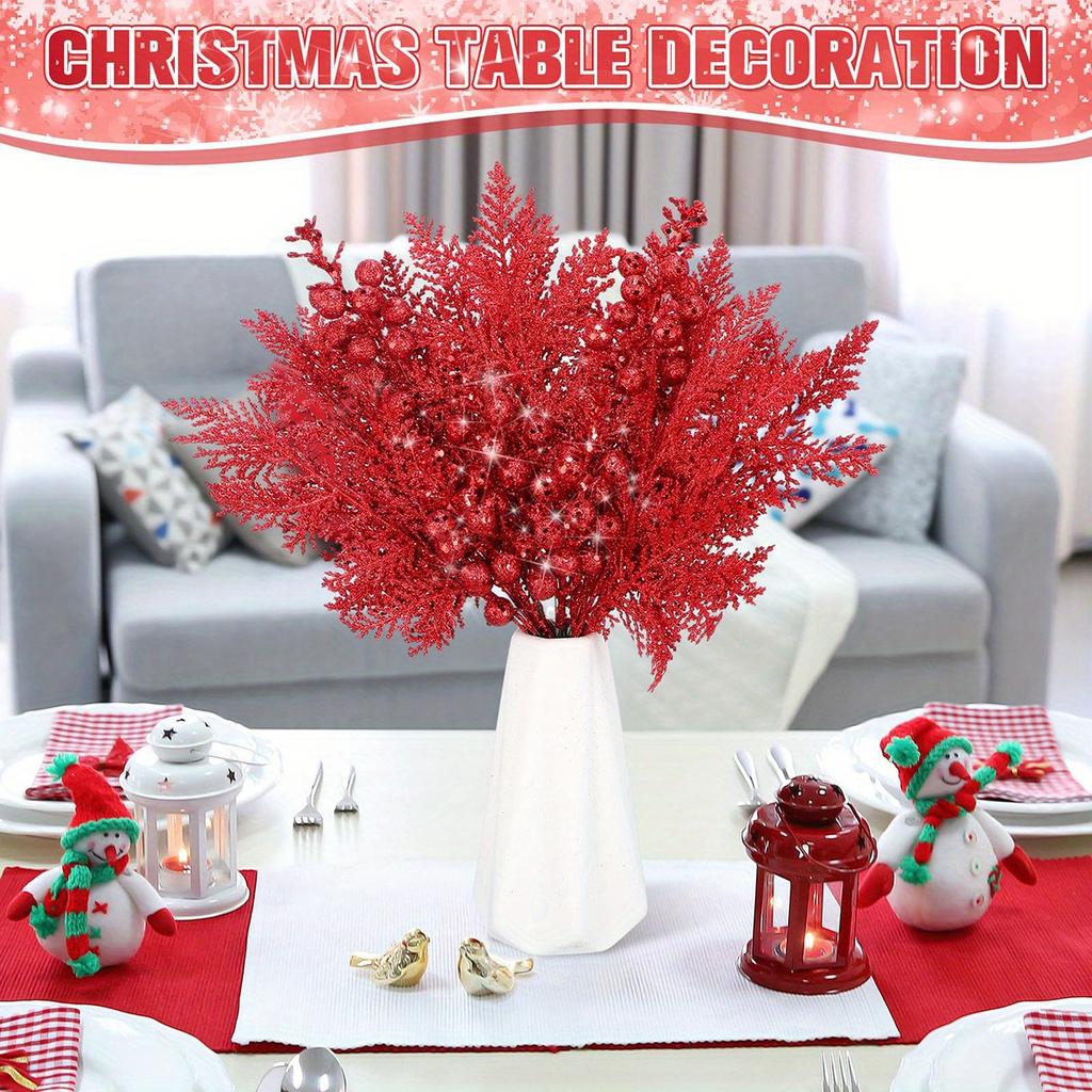 30pcs Artificial Pine Needles with Glitter Berry Stems - Vibrant Red & Green Plastic Christmas Branches for DIY Holiday Decor