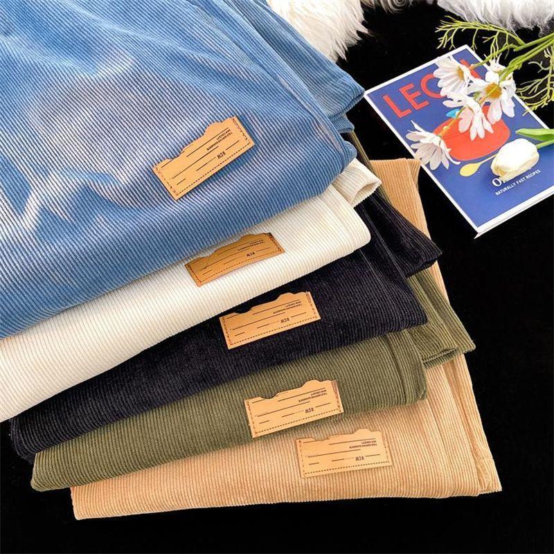 Women Spring and Autumn Retro Casual Corduroy Pants Printed High Waist Comfortable Straight Pants