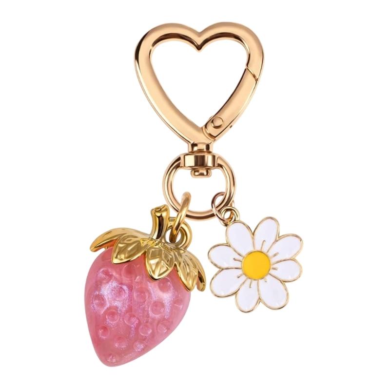 Romance Heart Shaped Resin Keychain With Strawberry Daisy Designs Portable Sturdy for Keys Bags Gifts