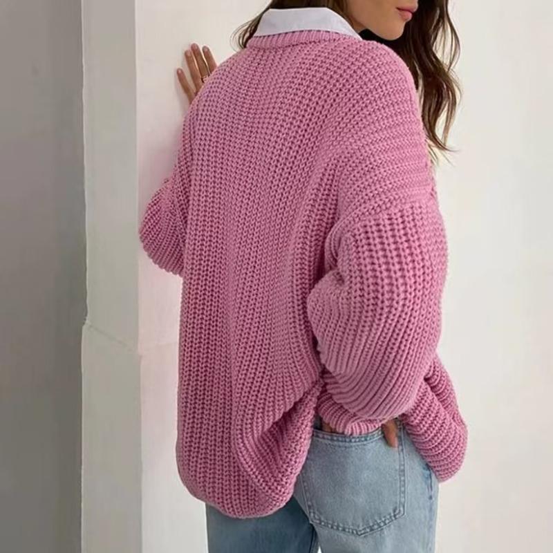 Jesienny Luźny Sweter Dzianinowy Pulower Casual dla Kobiet Moda Nowy Długi Rękaw Okrągły Dekolt Zimowe Swetry Kobiety Elegancki Gładki Ciepły Dzianinowy Sweter 25722