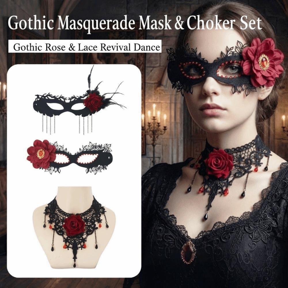 1 Set Dark Gothic Masquerade Mask Red Rose Gothic Choker Necklace Halloween Party