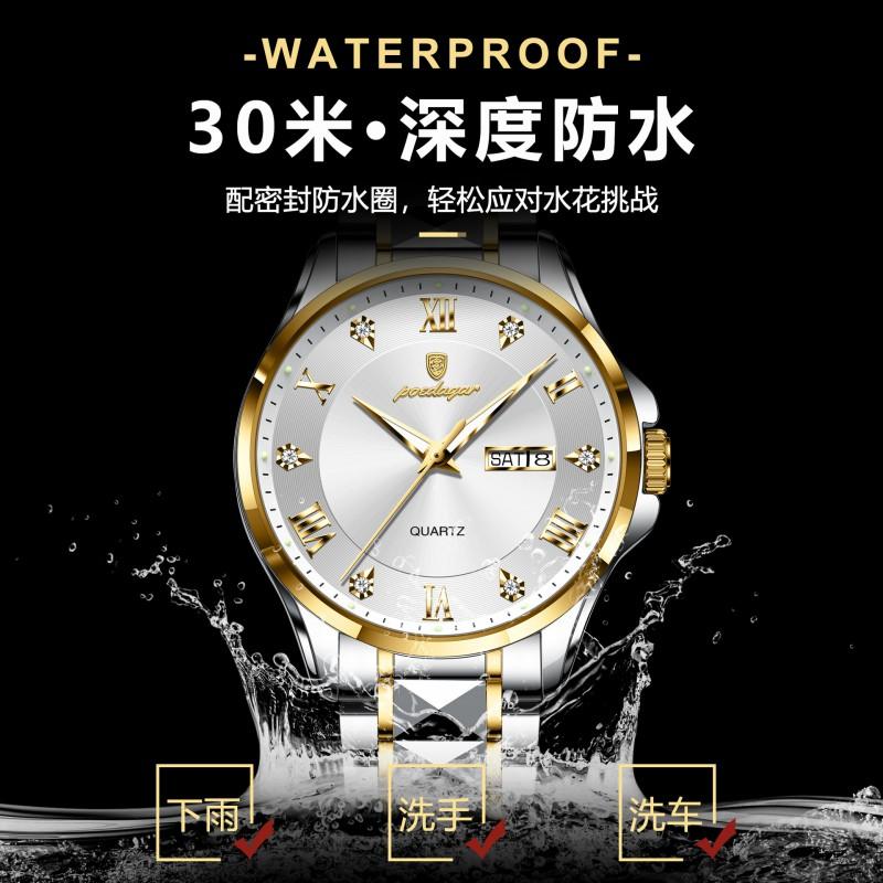 Mens Luxury Dual Calendar Quartz Watch With Luminous Hands Date Day Display Stainless Steel Band 42mm Round Dial