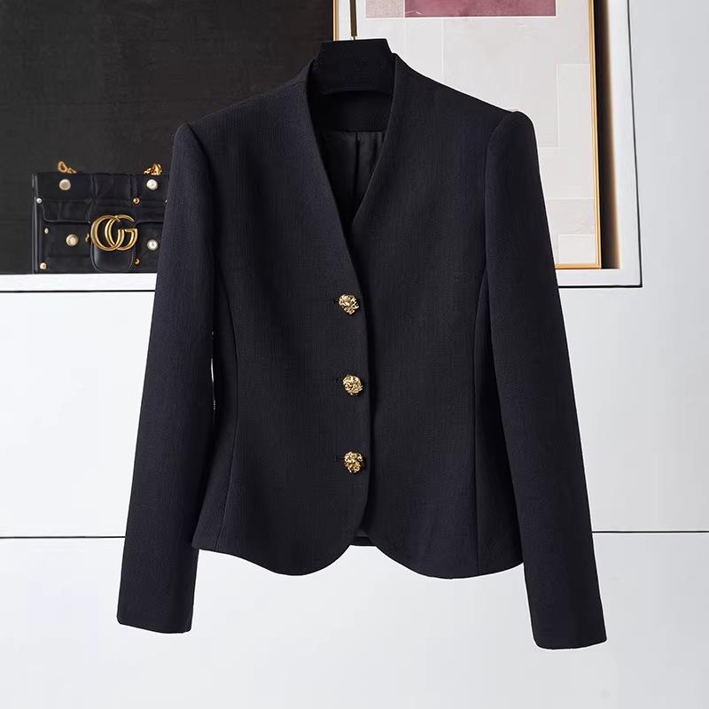 Elegant Women's V-neck Spring Blazer - French Acetate Design