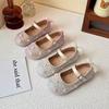 Girls Princess Shoes Back Lace Bows Kids Leather Shoes Flowers Sweet  New Children Flats Round Toes Shiny Sequins Non-slip