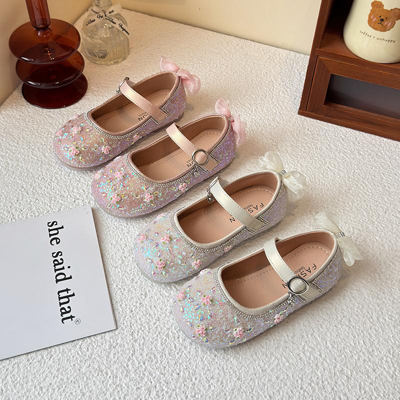 Girls Princess Shoes Back Lace Bows Kids Leather Shoes Flowers Sweet  New Children Flats Round Toes Shiny Sequins Non-slip