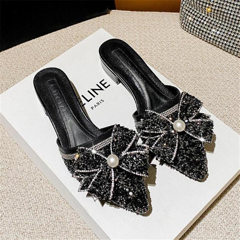 Women Slippers Fashion Rhinestone Sequins Slip On Square Heel Pumps Lady Classic Black Beige High Quality Comfort Summer Shoes