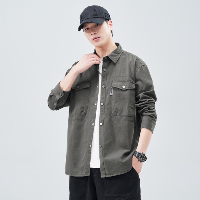 Heavy Washed Cotton Japanese Retro Trendy Brand Loose Casual Shirt Jacket Army Green Dark Gray Jujube