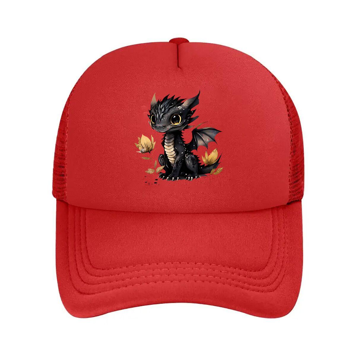 Cute Black Baby Dragon Golden Floral Fantasy Art  Mesh Baseball Cap Hip Hop Adjustable