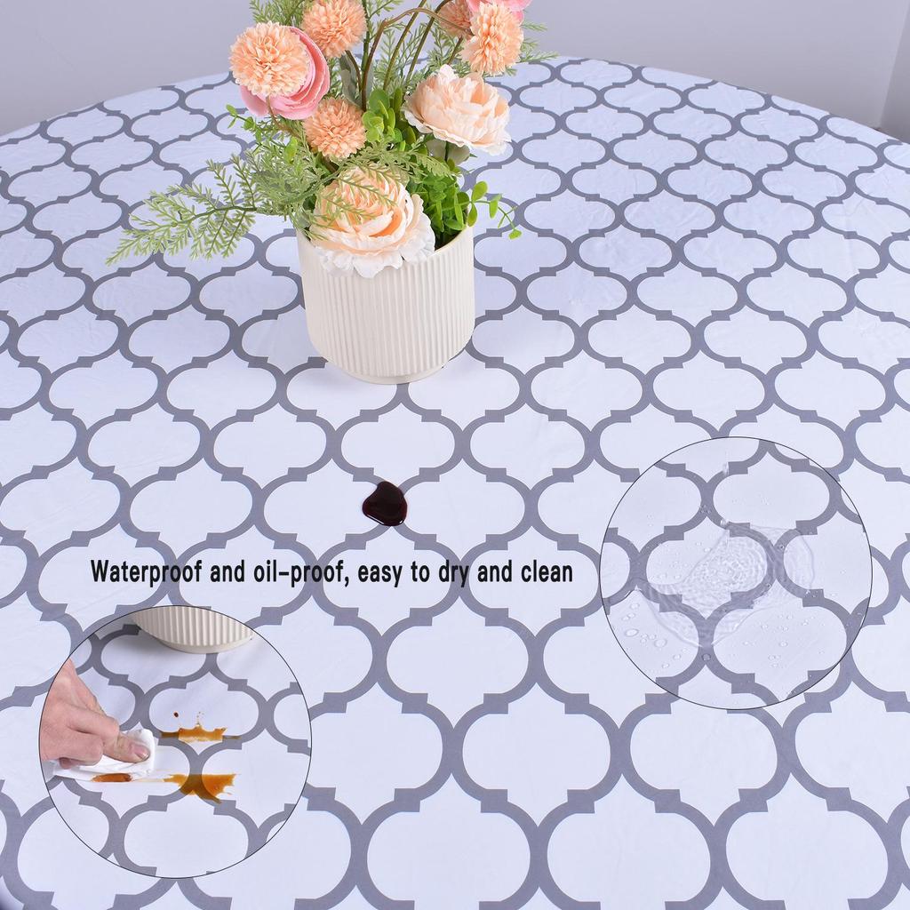 Waterproof Round PVC Table Cover with Wood Grain and Flannel Backing for Patio or Picnic Use