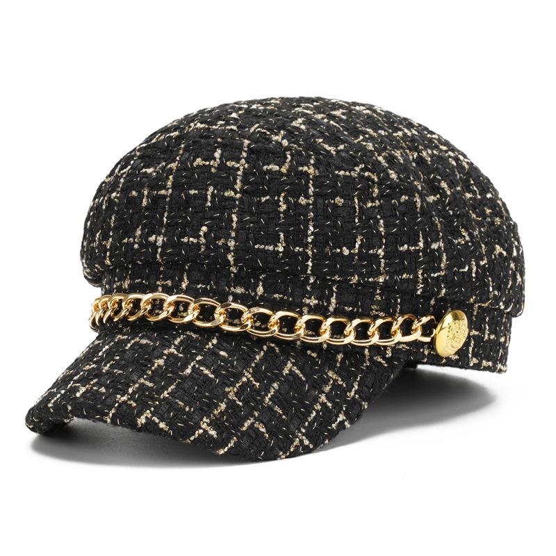 Hat Women's Autumn and Winter New Navy Hat Plaid British Retro Octagonal Hat S Chain Beret