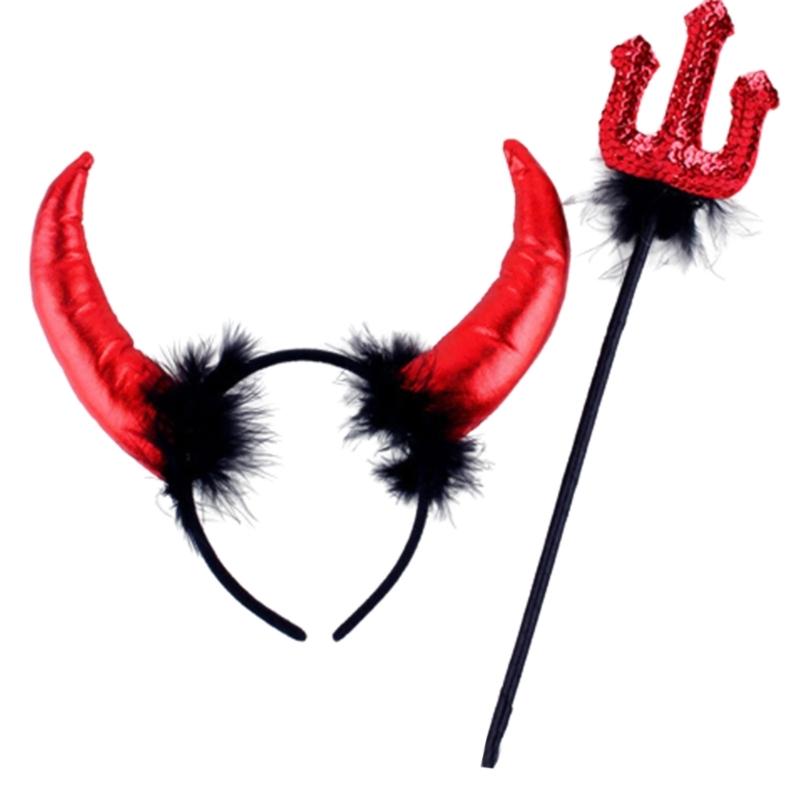 

Devil Horn Headband & Devil Fork for Halloween Costume Hairhoop Party Props Headpiece Stage Props Dress Up Accessories