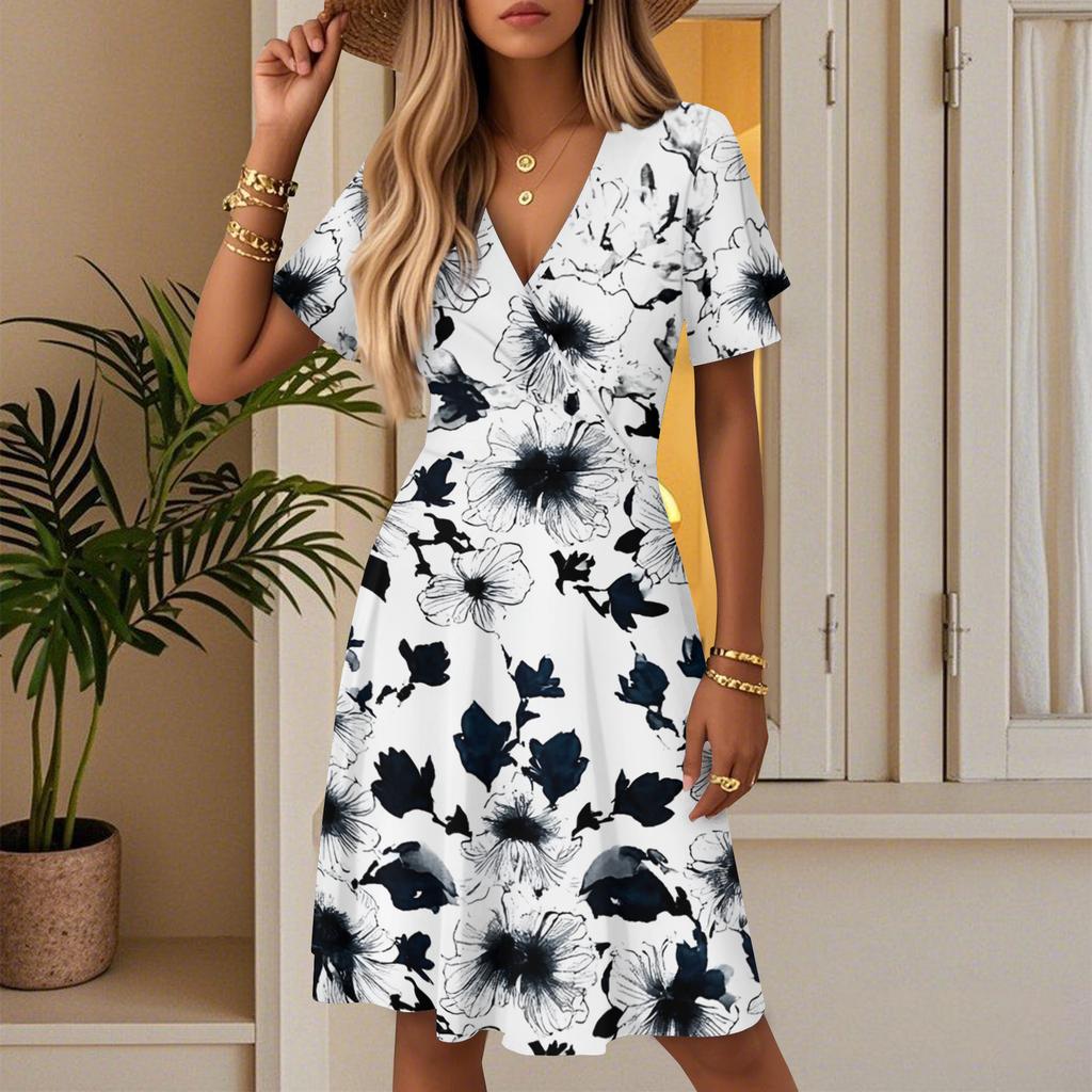 Women's Horn Sleeve Short Sleeve Casual Dress Plant Floral Print V-Neck Dress
