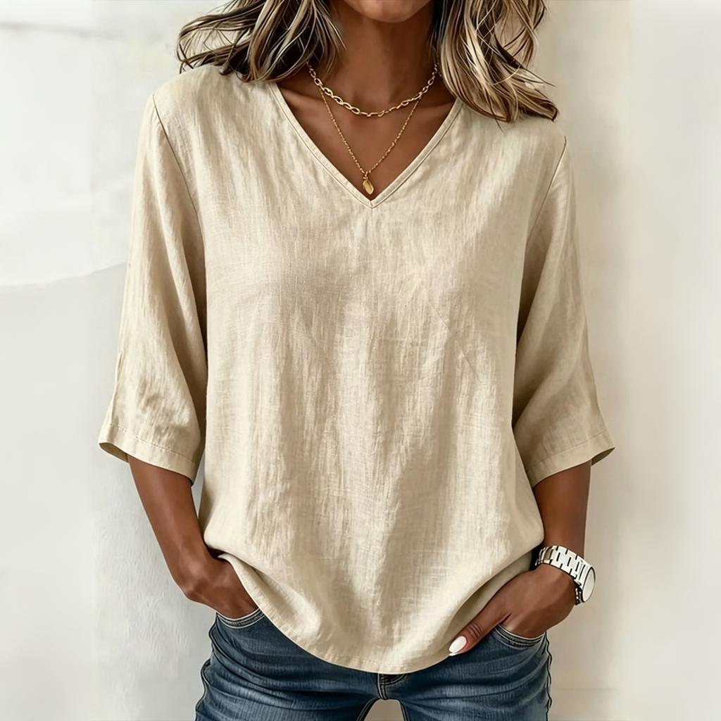 Women Loose Fit V Neck Top Mid Sleeve Relaxed Style Lightweight Jersey Cotton Casual Shirt for Everyday Wear
