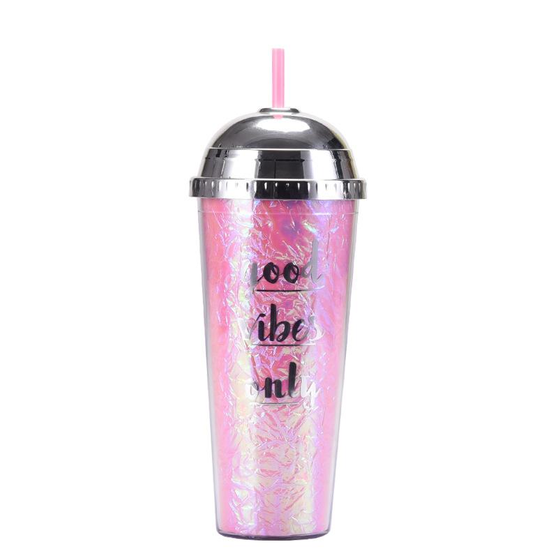 24Oz Straw Cup Leopard Print Magic Semi-Round Cover Water Cup Large Capacity Portable Double Layer Plastic Cup