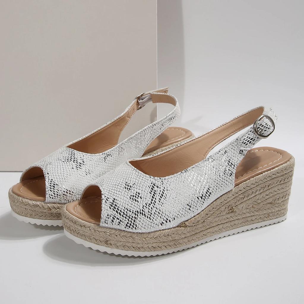 2025 Summer Women's Wedge Platform Sandals Straw Shoes Fashion Snake White Casual Vacation Fashion Elegant Trend