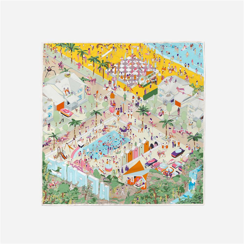 

POBING саржевый шелковый шарф женский курортный принт квадратные шарфы палантины бандана маленький хиджаб шелковые платки галстук повязка на голову шейный платок 53 см 53CM x 53CM жёлтый