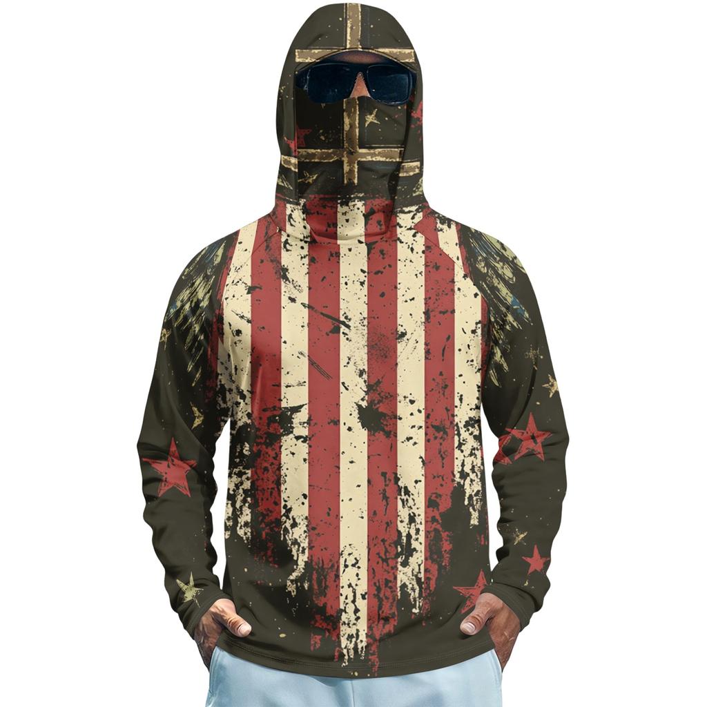 Men’s Long Sleeve Hooded Sun Protection Shirt with Flag and Cross Print Quick Dry Lightweight Athletic Top for Outdoor Sports Fishing Fitness