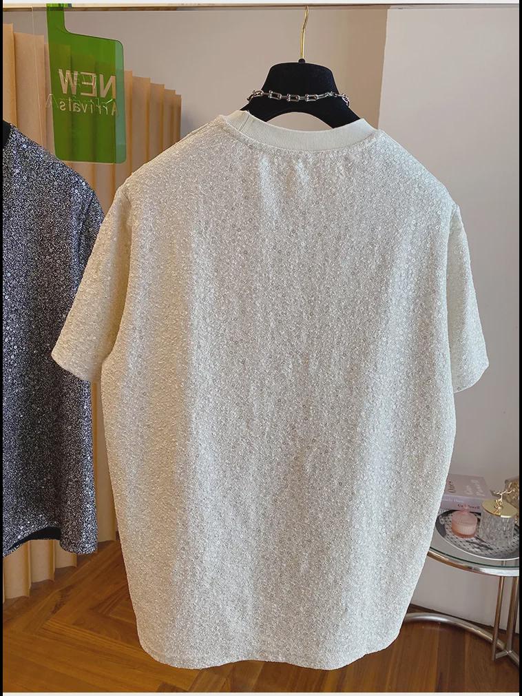 Camiseta Chic de Lentejuelas de Seda para Hombre 2024 - Diseño Europeo de Manga Corta y Corte Holgado