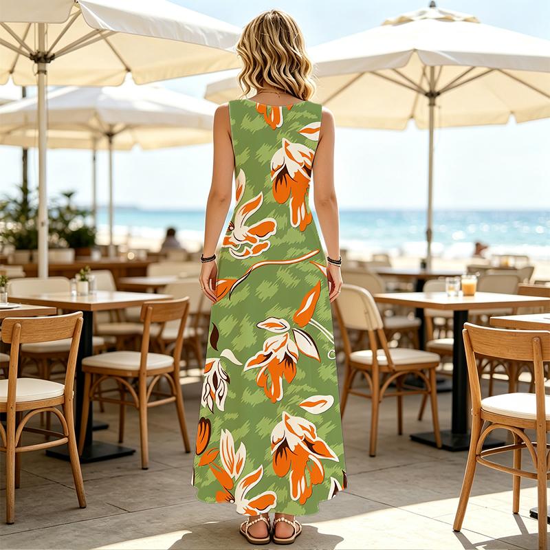 Floral Sleeveless A-Line Maxi Dress,Flowy Lightweight Beach Vacation Dress,Elegant Casual Daily Wear for Women