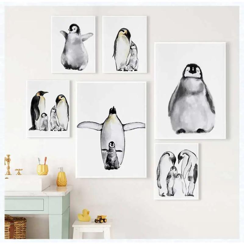 Watercolor Cute Penguin Family Poster Baby Animal Canvas Painting Print Wall Art Picture Nursery Baby Room Home Decor Mural