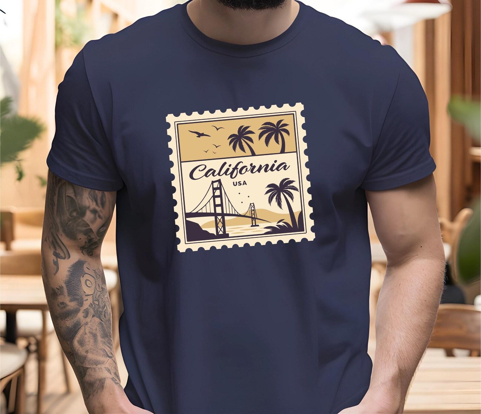 Vintage California Stamp Tee, Golden Gate Bridge, Palm Trees M
