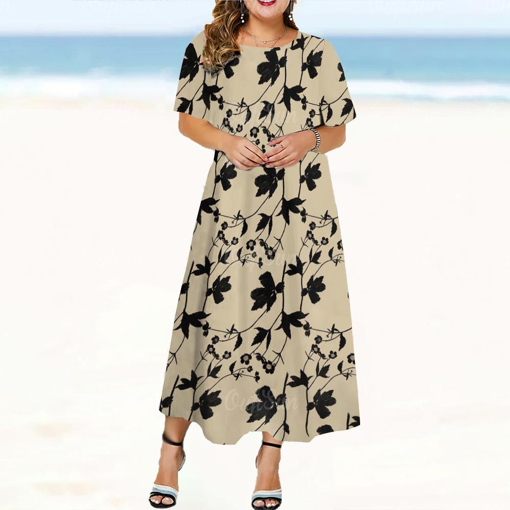Letnia Elegancka Damska Sukienka z Okrągłym Dekoltem i Krótkim Rękawem z Drukiem Kwiatowym 3D Street Wear Codzienna Luźna Sukienka