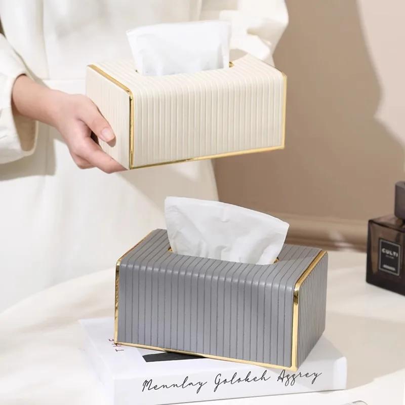 1 Piece Scandinavian Style Faux Leather Tissue Box - Gold Stripe Rectangle Design for Living Room, Dining Room or Bathroom