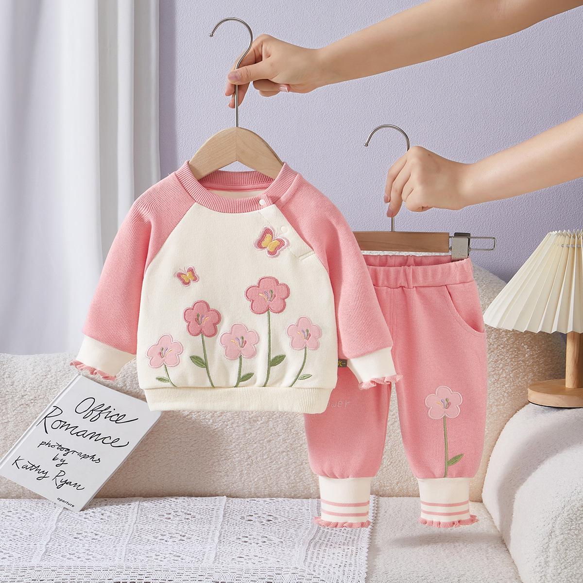 

2025 Осенний Розовый Цветочный Комплект из Двух Предметов: Толстовка с Длинным Рукавом и Джоггеры для Девочек 73cm розовый