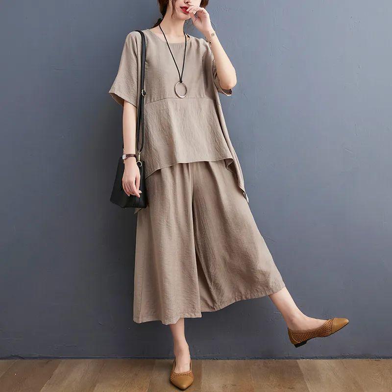 Plus Size Summer Outfit Two Piece Set Slimming Faion Casual Wide Leg Pants Ort Sve Cover Up Top Cotton Blend