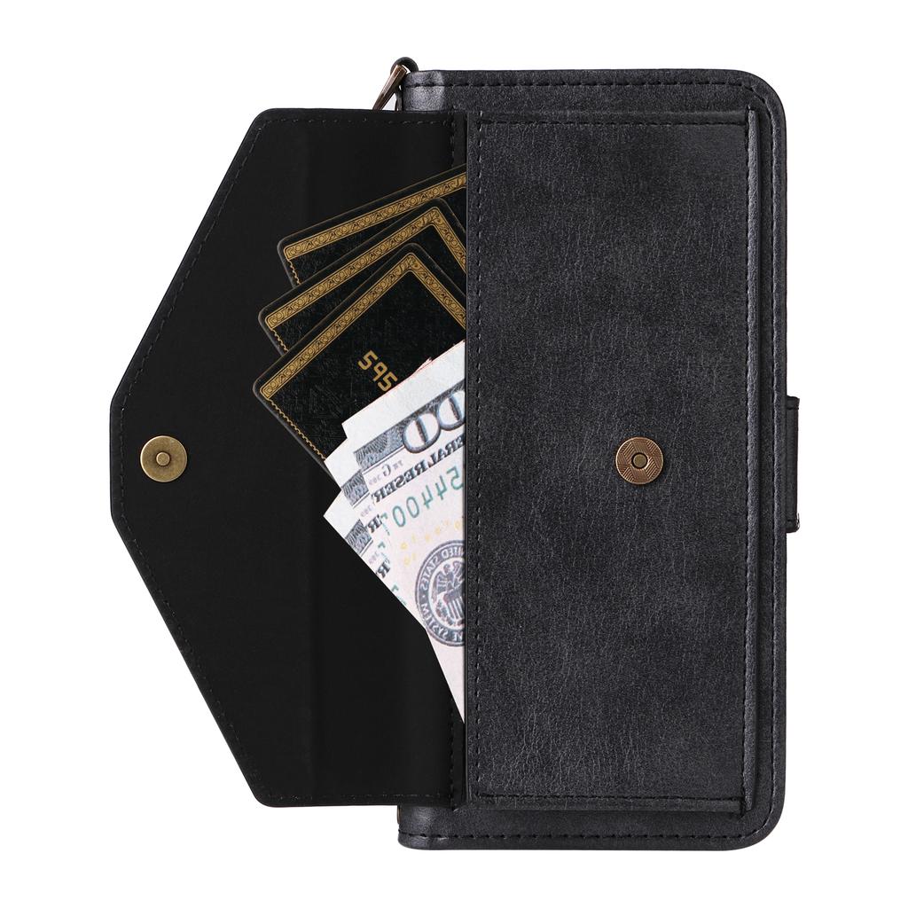 For iPhone 16e Leather Case Magnetic Closure Wallet Stand Phone Cover with Crossbody Strap
