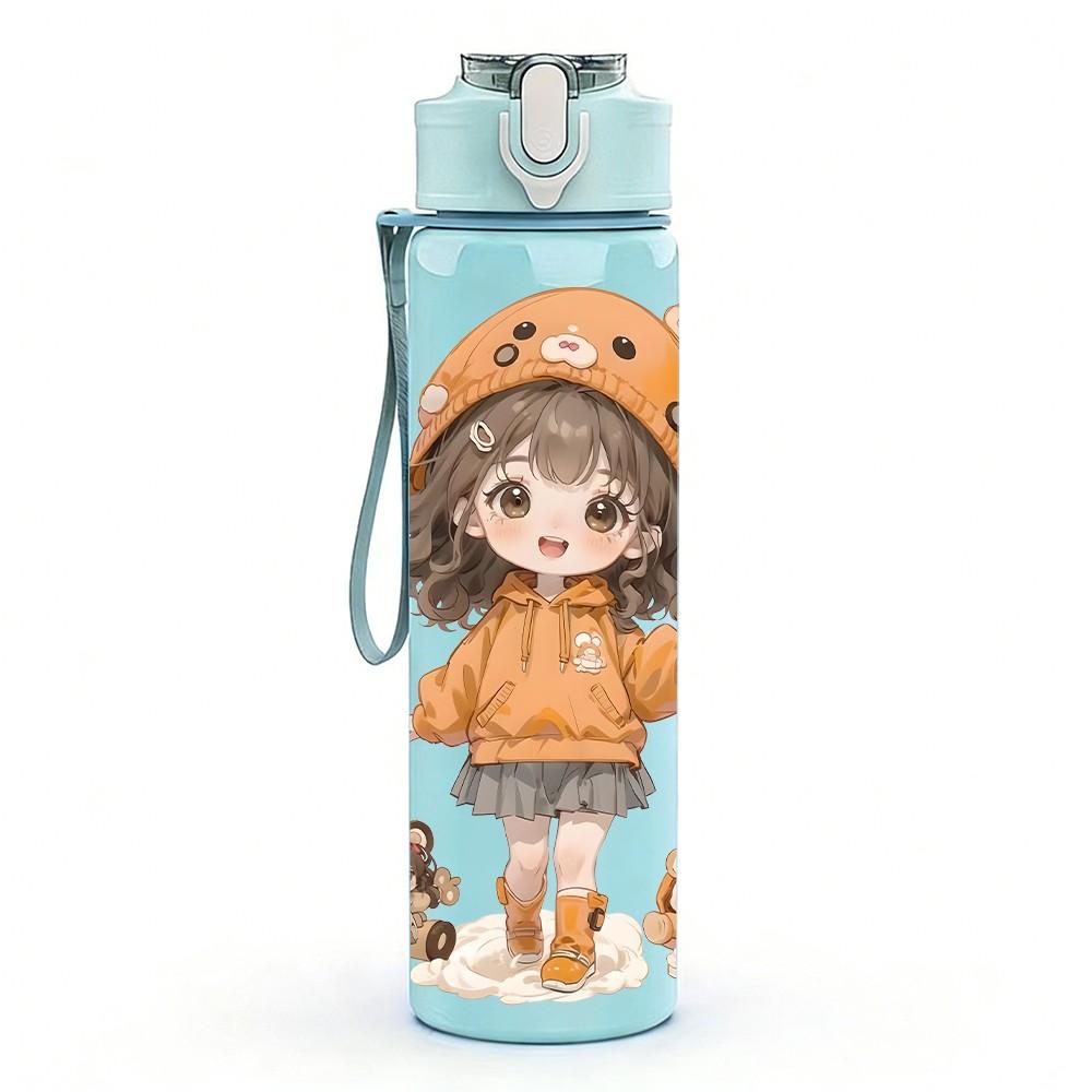 1PC Orange Hood Girl Small Pet Companion Pattern 750ml Color Plastic Sports Water Bottle Leakproof Flip Straw Lid Suitable for Sports Office Home Use