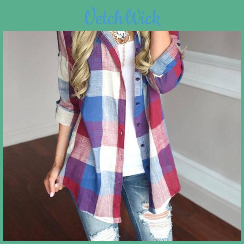 Women Long Sleeve Plaid Linen Shirt With Turndown Collar For Casual Office Wear