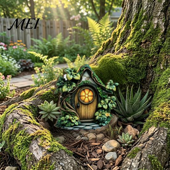 Wooden Crafts Decoration Fairy Garden Decoration, Tree Hollow Cottage Door with High-Definition Elf Light UV Printing, Waterproof Acrylic Outdoor