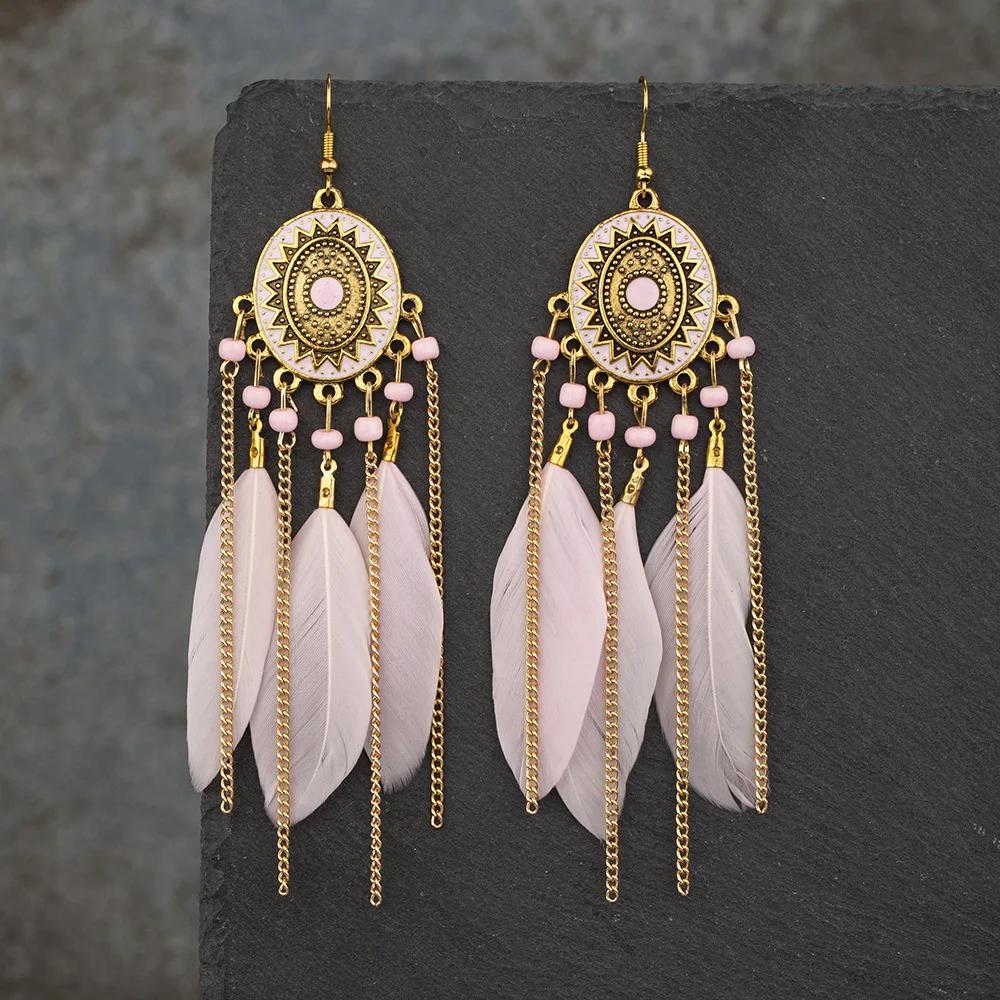 Ethnic Colorful Feather Tassel Earrings For Women Long Chain Beads Drop Dangling Earrings Girls Vintage Jewelry Accessories