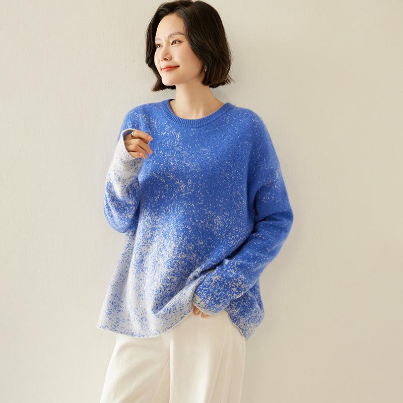 Women's Starry Sky Color Block Cashmere Sweater - Round Neck, Loose Fit, Autumn/Winter Style