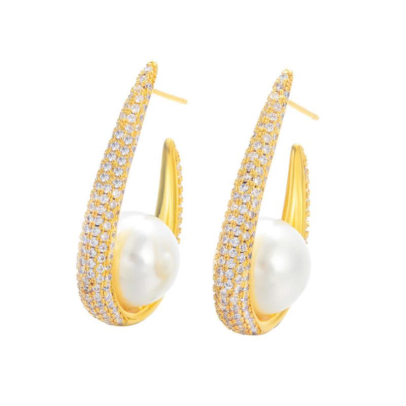 Ear Jewelry Brass Plated Real Gold Zircon Pearl Earrings Earrings