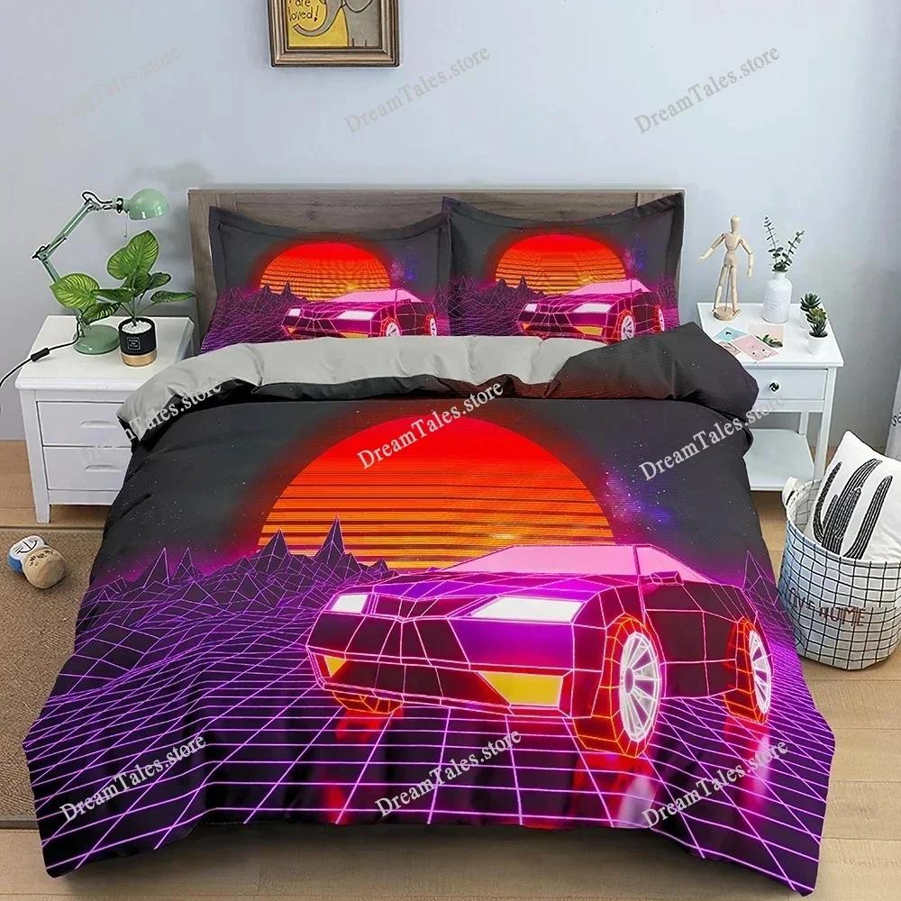 Retro Bedding Set Abstract Duvet Cover Set Waves and Sunset Pattern Comforter Cover with Pillowcase King Queen Home Textiles369