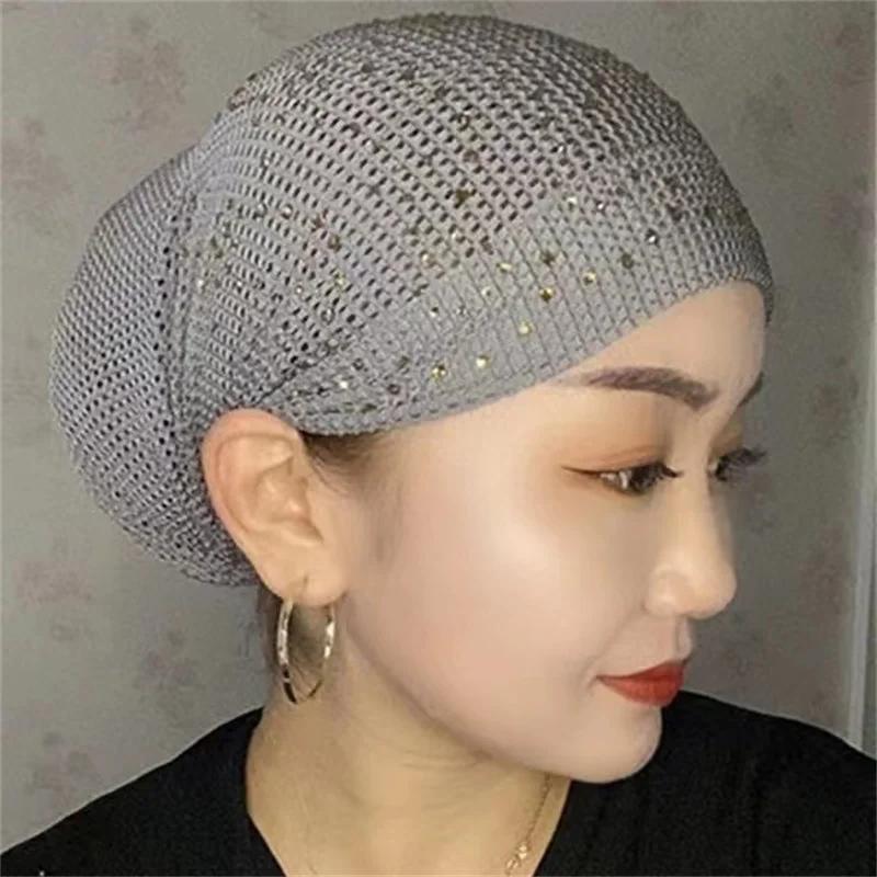 1pc Breathable Mesh Diamonds Turban Hat Elastic Women Summer Lace Head Cover Cap Muslim Headscarf Bonnet Lady Hair Loss Hat