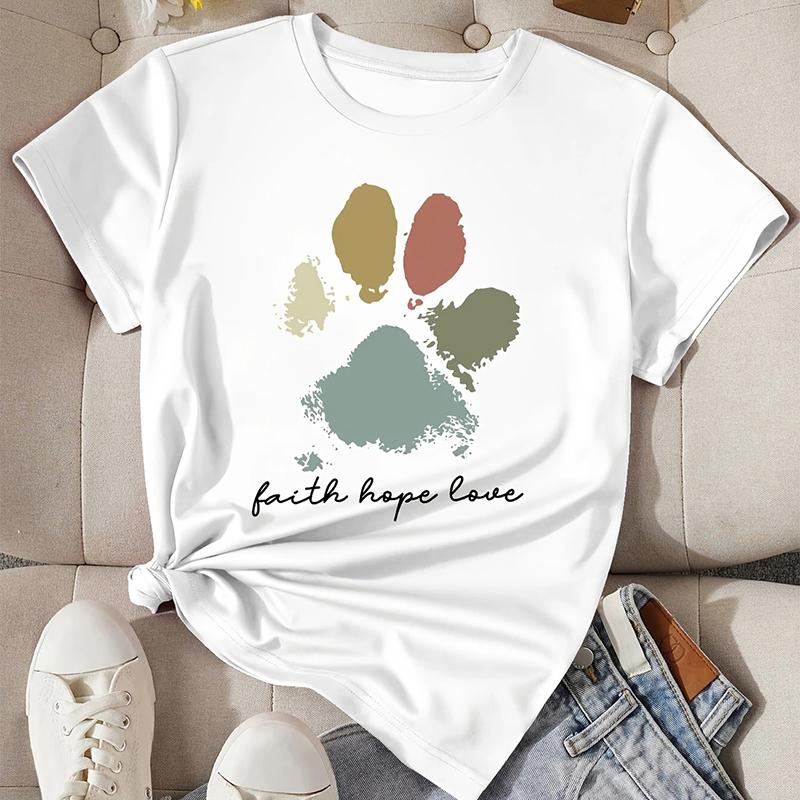 Women Summer T Shirt Dog Claw Print Retro Fashion Short Sleeve Tees Casual   Printed  Tops