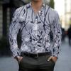 Men Collared Shirt Black Pink Floral White Star Print Long Sleeve Button Down Top