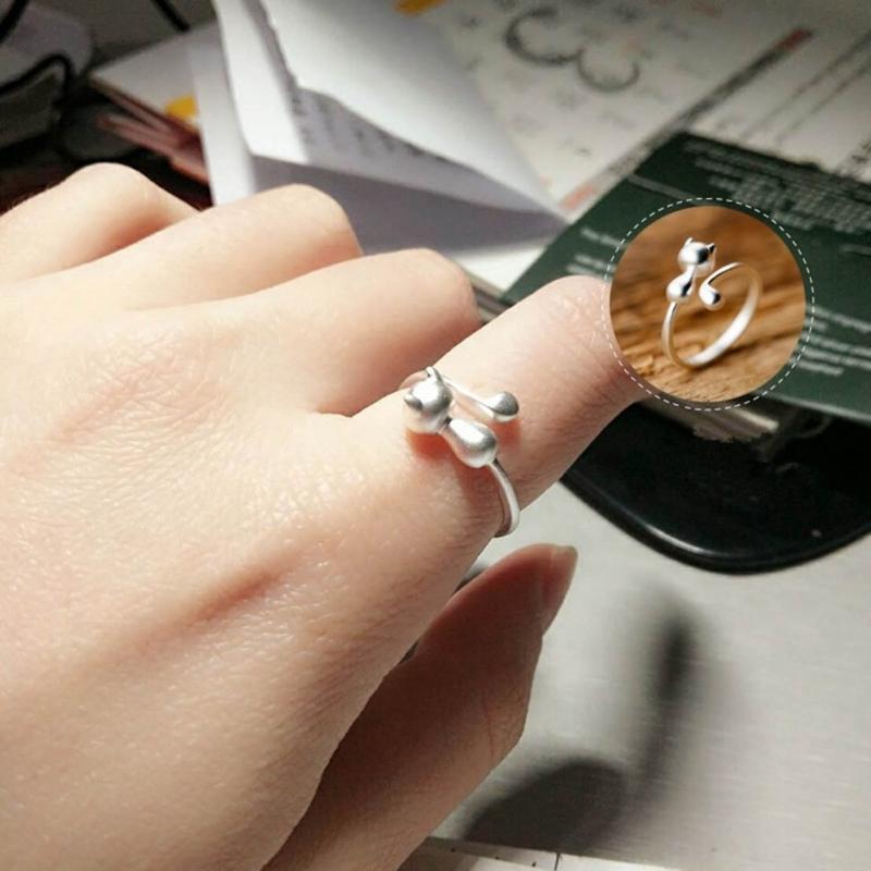 Adjustable Open Rings for Women Lovely Cat Long Tail Finger Rings Knitting Crocheting Joint Rings Jewelry Accessories